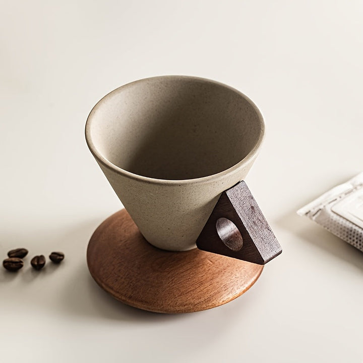 BaristaLuxe Keramische Kaffeetasse 250ml – Handgemacht mit Holzgriff und Untersetzer | Karnz
