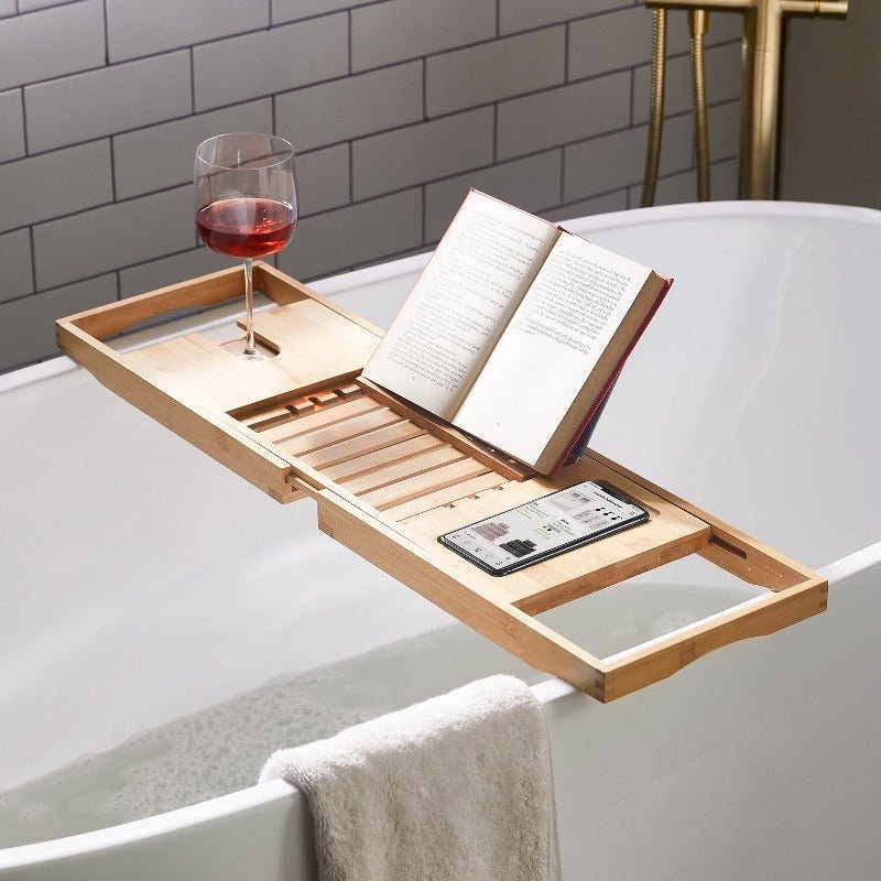 Aurevo Bambus-Badewannenablage | Ausziehbare Luxus-Badewannenablage mit Weinglas- und Buchhalter