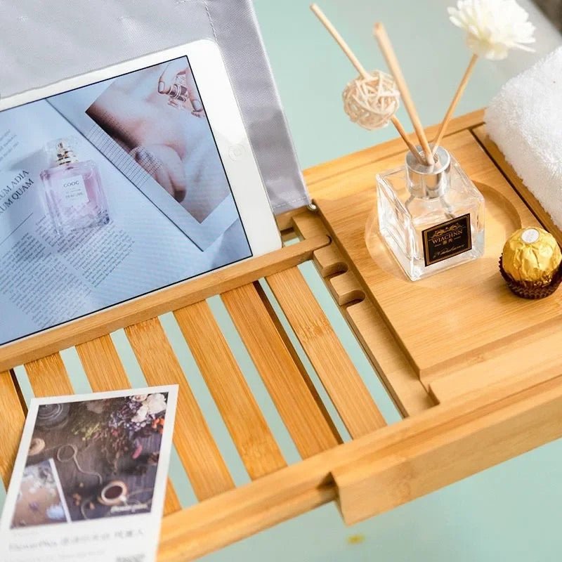 Aurevo Bambus-Badewannenablage | Ausziehbare Luxus-Badewannenablage mit Weinglas- und Buchhalter