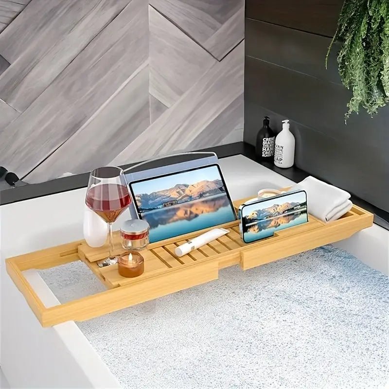 Aurevo Bambus-Badewannenablage | Ausziehbare Luxus-Badewannenablage mit Weinglas- und Buchhalter