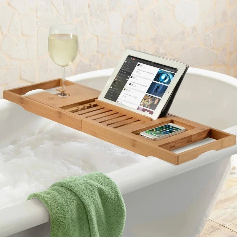 Aurevo Bambus-Badewannenablage | Ausziehbare Luxus-Badewannenablage mit Weinglas- und Buchhalter