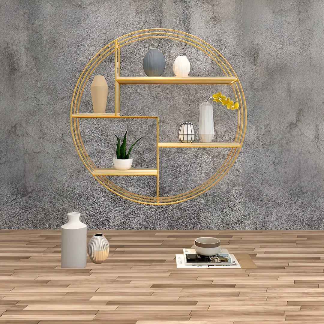 Runde Wandregal mit 4 Ebenen – Retro-Design aus Holz & Metall | Dekorativer Hängeregal für Wohnzimmer, Badezimmer & Schlafzimmer | Karnz