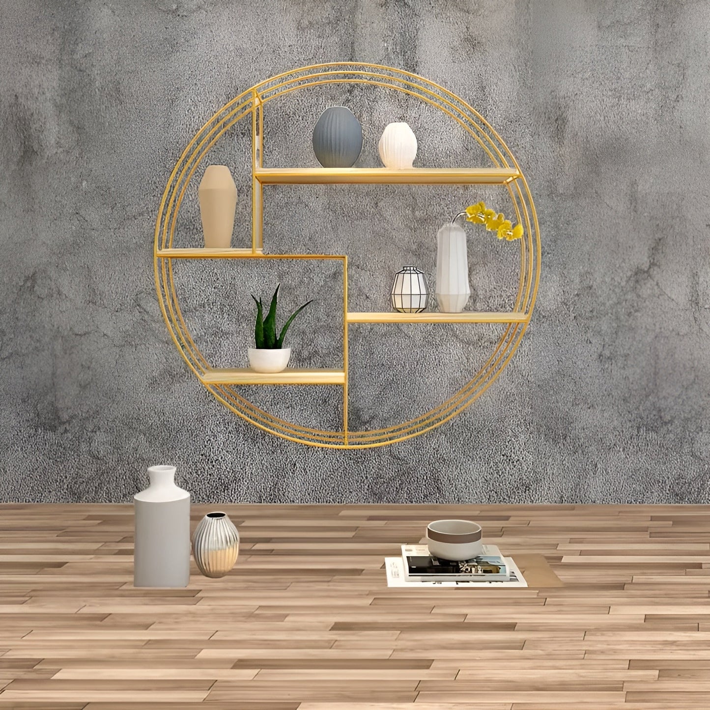 Rundes Wandregal mit 4 Ebenen – Retro-Design aus Holz und Metall | Dekoratives Hängeregal für Wohnzimmer, Badezimmer und Schlafzimmer