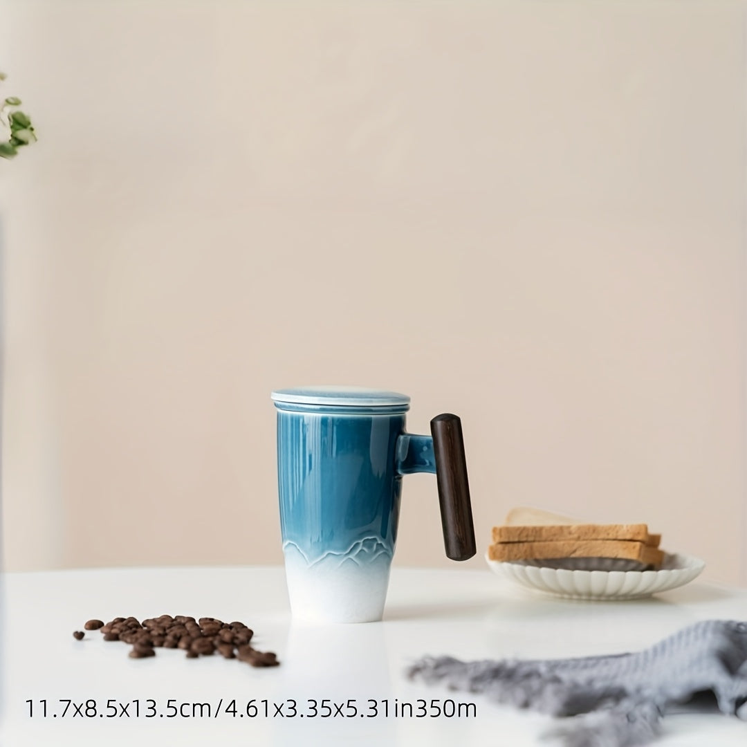 Karnz | TeaCraft Ceramic Mug | Handcrafted | With Tea Filter and Wooden Handle | Retro Design