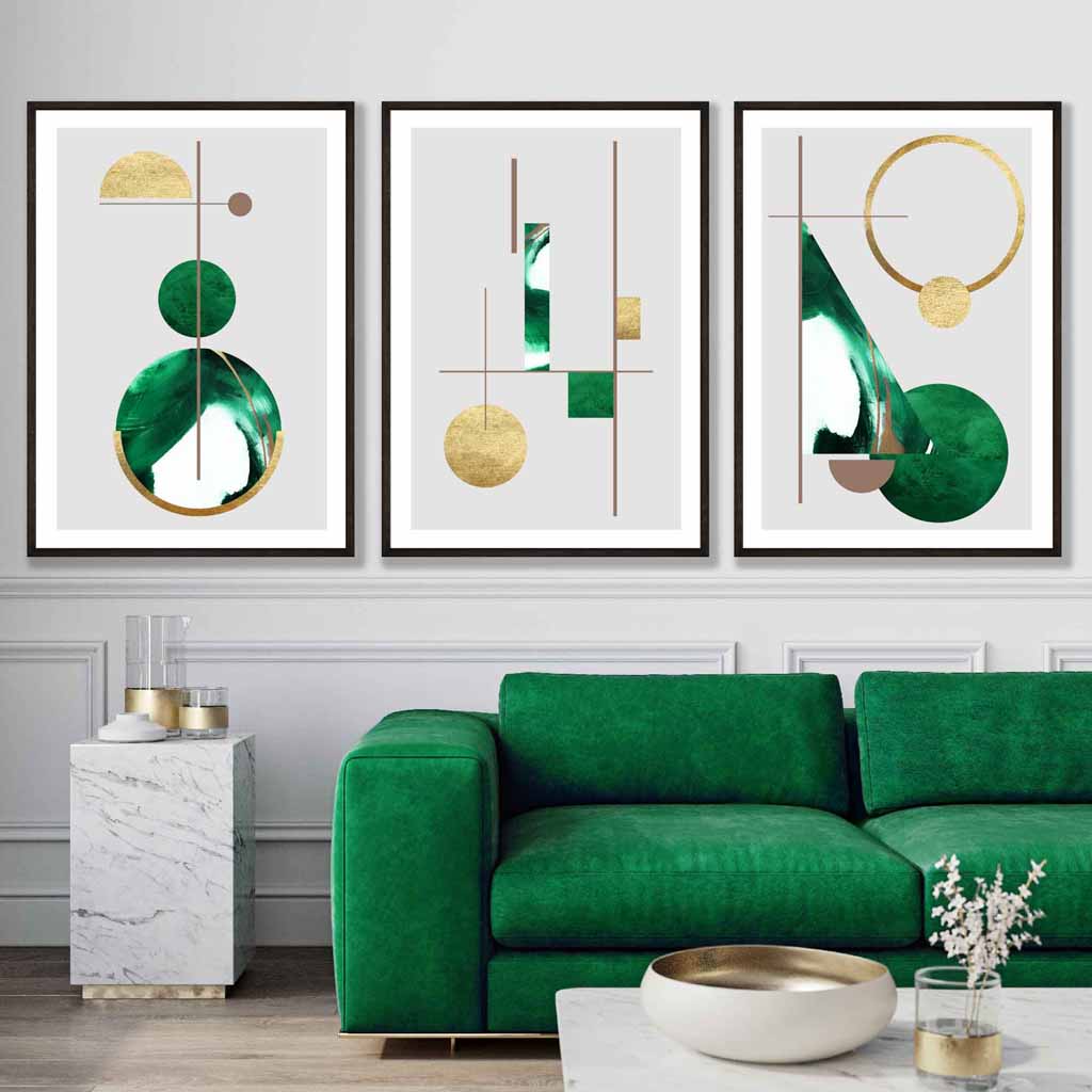 Art-Deco-Set aus 3 strukturierten, geometrischen Wandbildern in Grün und Gold