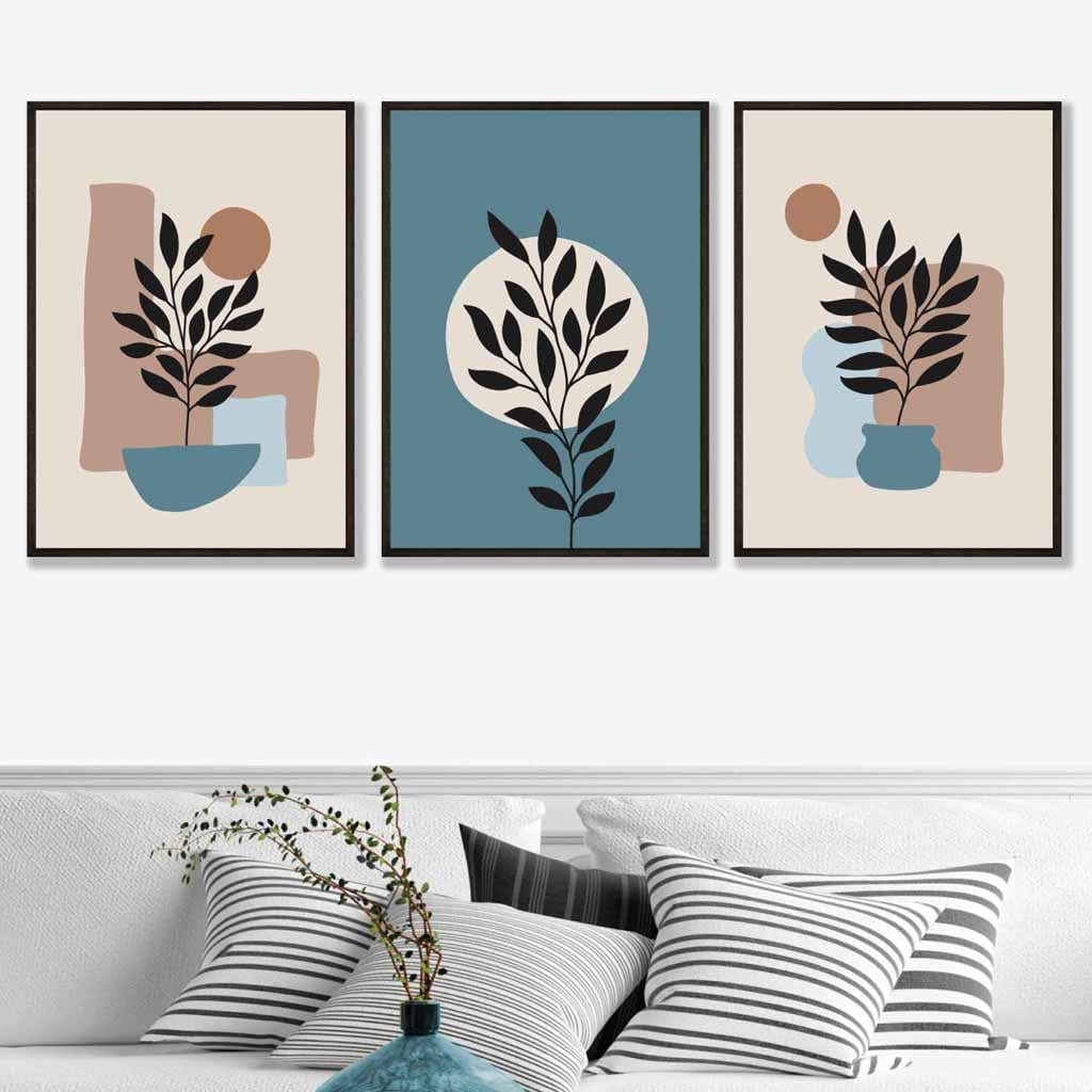 Botanisches 3er-Set Boho-Wandbilder mit Rahmen in Blau und Creme