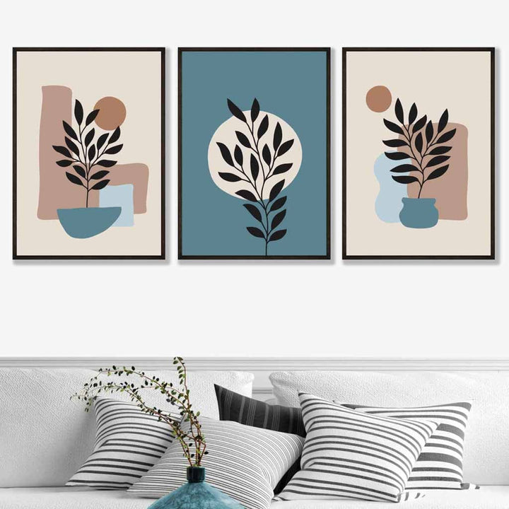 Botanisches 3er-Set Boho-Wandbilder mit Rahmen in Blau und Creme