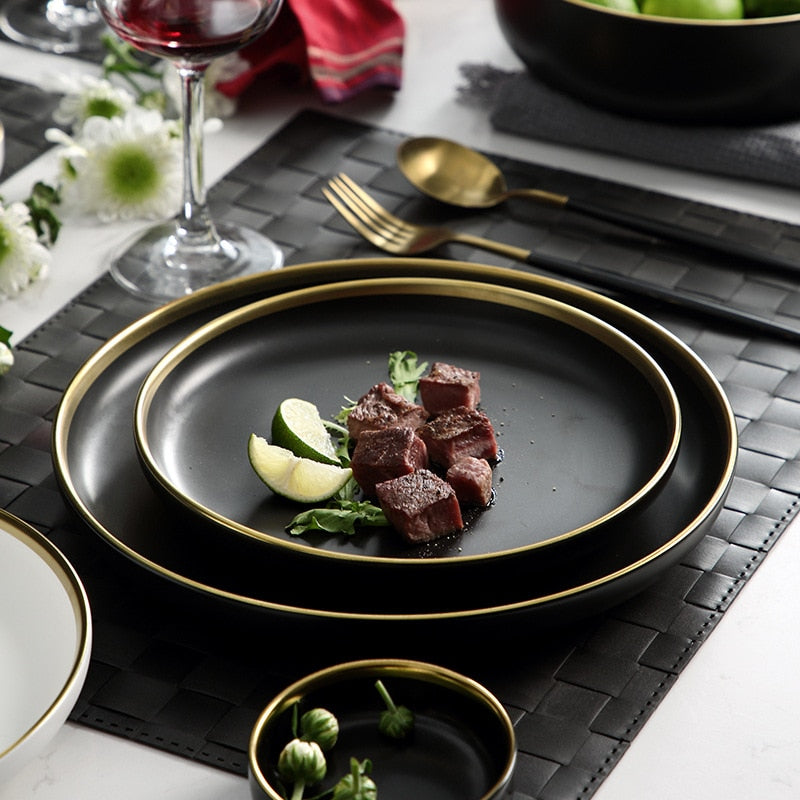 Schwarze Porzellan-Dinner-Teller Geschirr Teller und Schalen Set Geschirr Set | Karnz