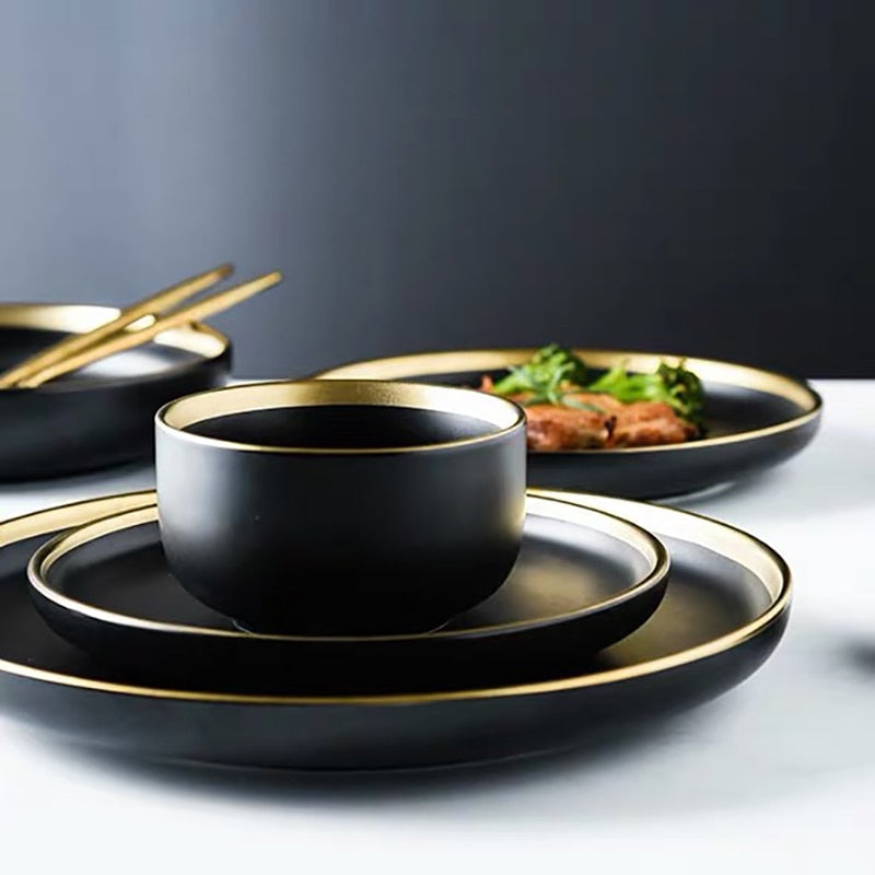 Schwarze Porzellan-Dinner-Teller Geschirr Teller und Schalen Set Geschirr Set | Karnz