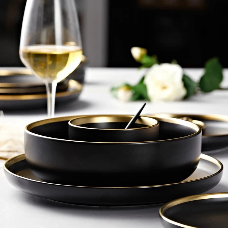 Schwarze Porzellan-Dinner-Teller Geschirr Teller und Schalen Set Geschirr Set | Karnz
