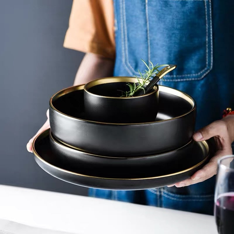 Schwarze Porzellan-Dinner-Teller Geschirr Teller und Schalen Set Geschirr Set | Karnz