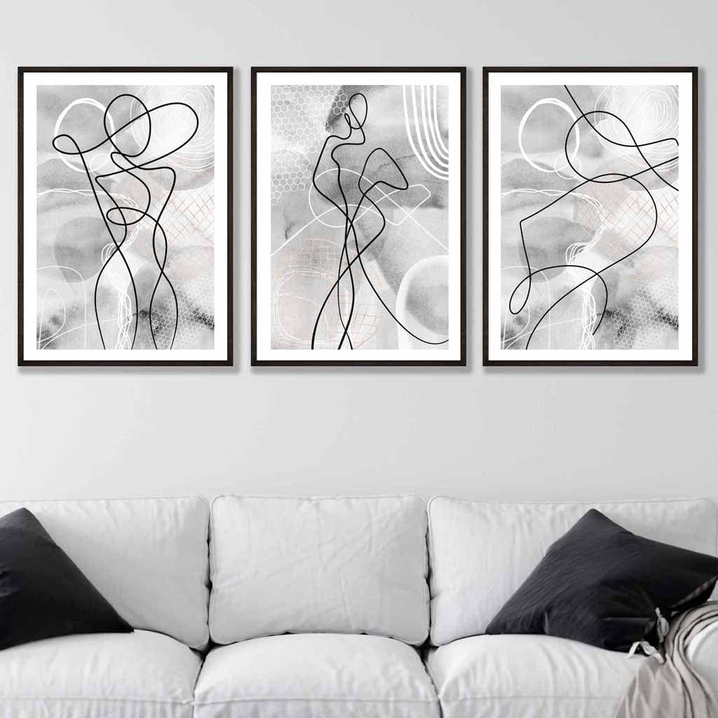 Abstraktes Set aus 3 Mode-Linienkunst-Wandbildern in Schwarz und Grau