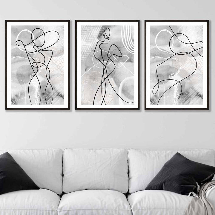 Abstraktes Set aus 3 Mode-Linienkunst-Wandbildern in Schwarz und Grau