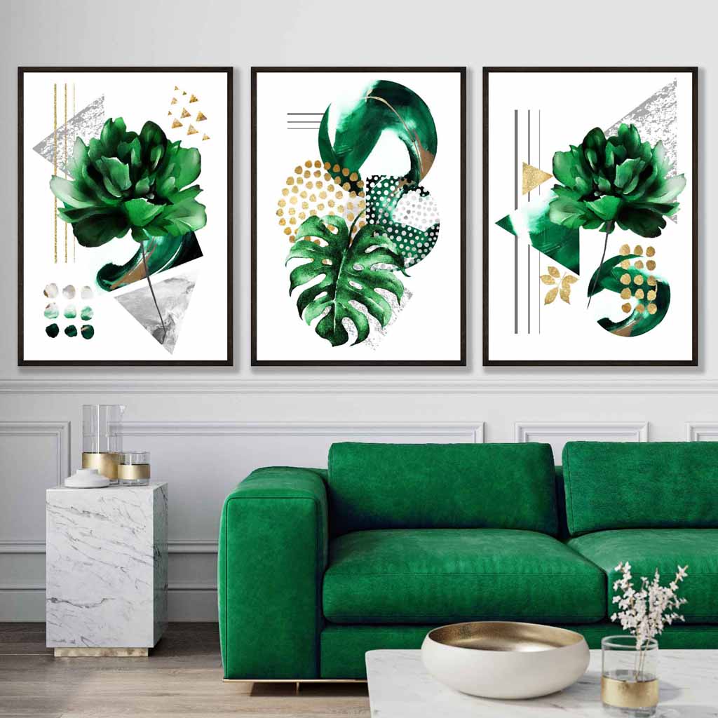 Abstraktes grün-goldenes Blumen-Set aus 3 gerahmten Wandbildern