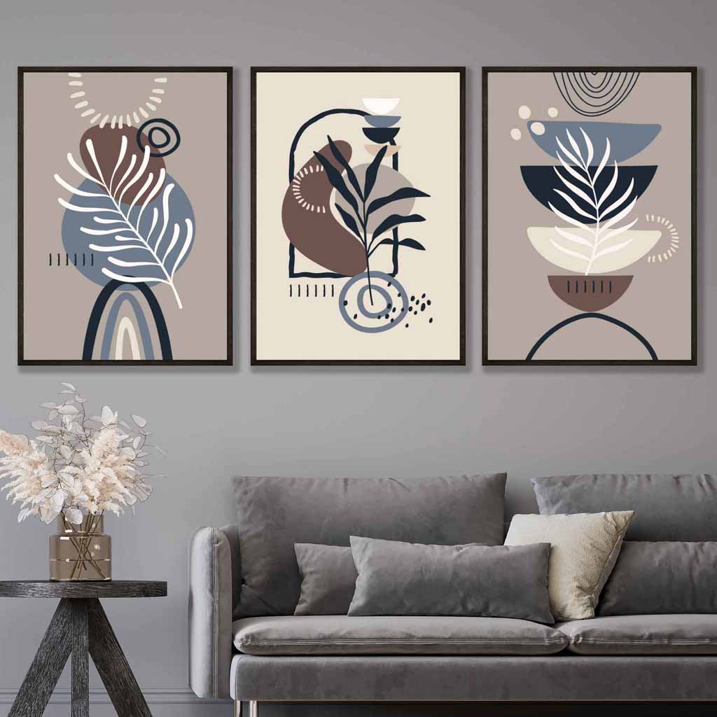Boho-Botanisches Set aus 3 Wandbildern in Schwarz, Beige, Blau und Braun