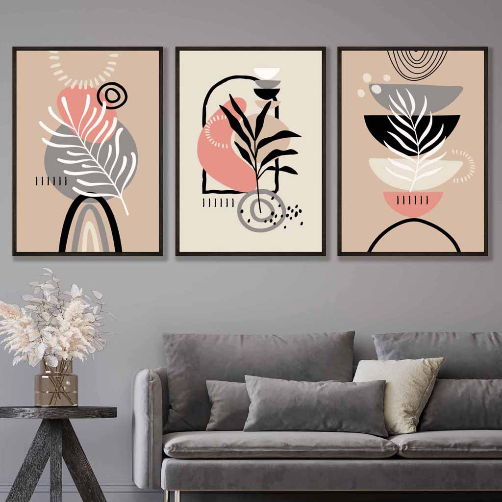 Boho-Stil, abstraktes 3er-Set Wandbilder in Rosa, Schwarz, Beige und Grau