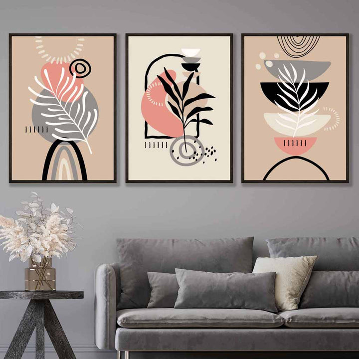 Boho-Stil, abstraktes 3er-Set Wandbilder in Rosa, Schwarz, Beige und Grau