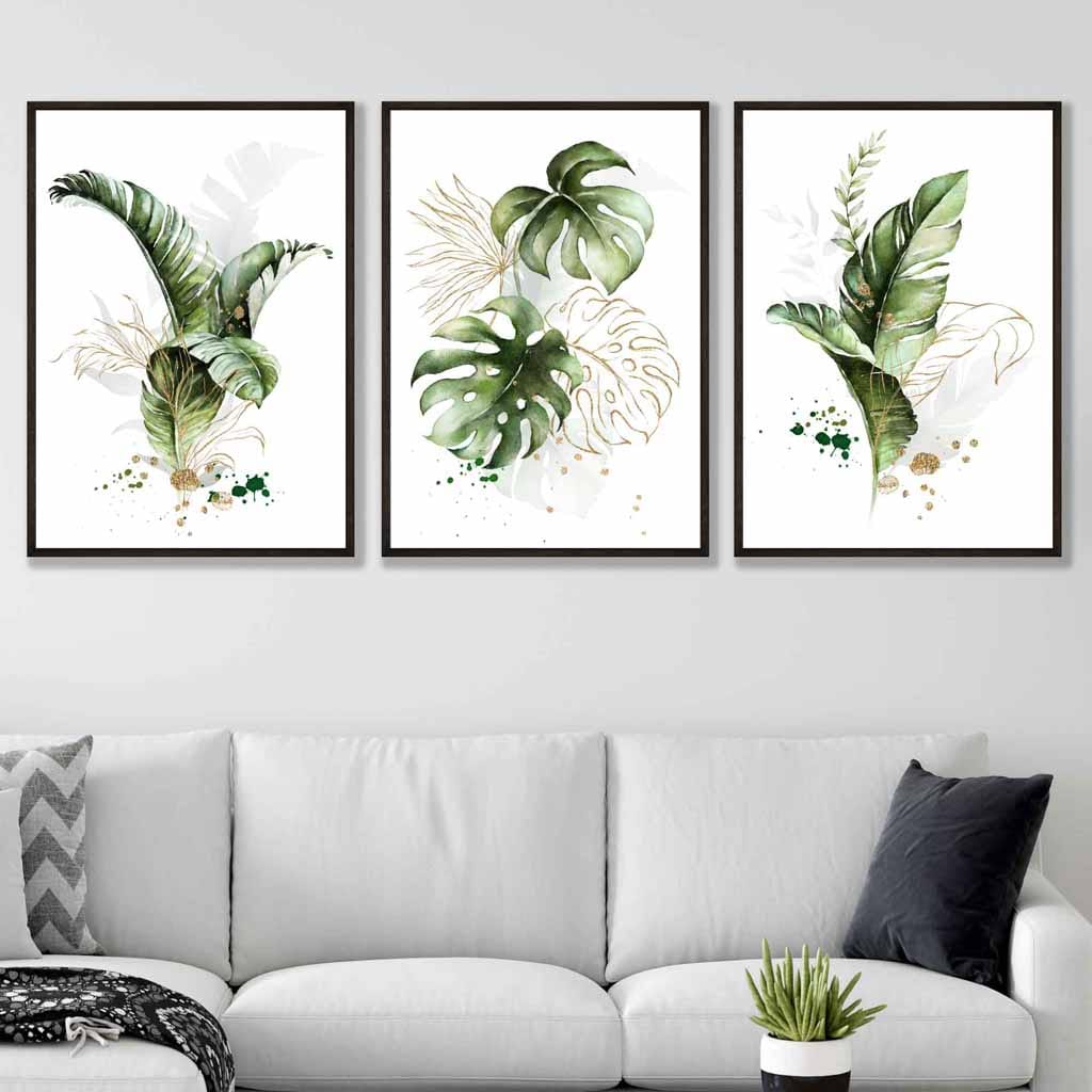 Botanisches Set aus 3 grünen und goldenen floralen Wandbildern