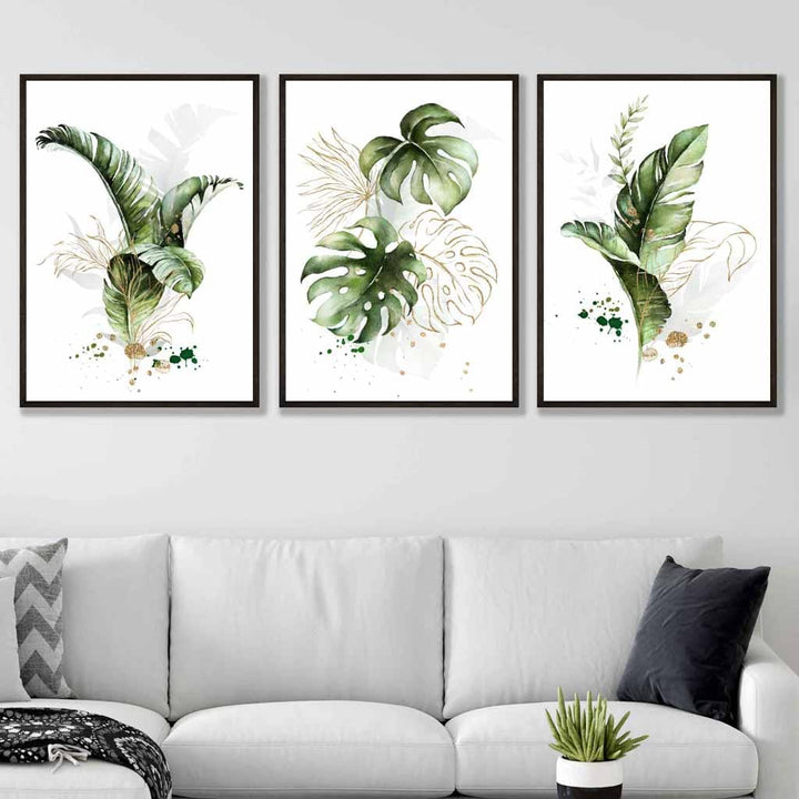 Botanisches Set aus 3 grünen und goldenen floralen Wandbildern