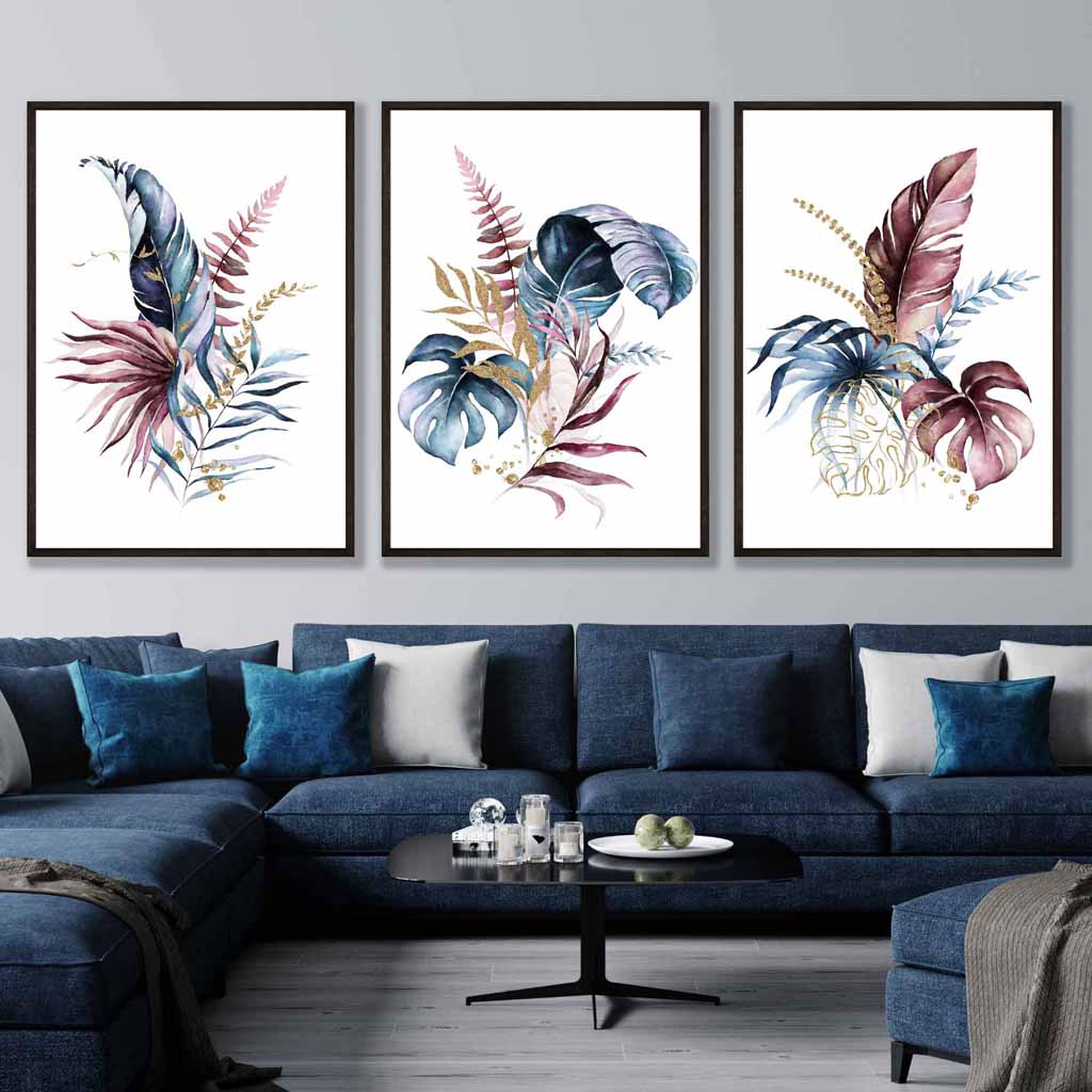 Botanisches Set aus 3 rosa-blauen floralen Wandbildern