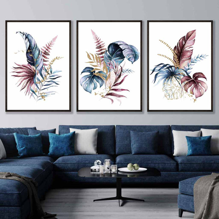 Botanisches Set aus 3 rosa-blauen floralen Wandbildern