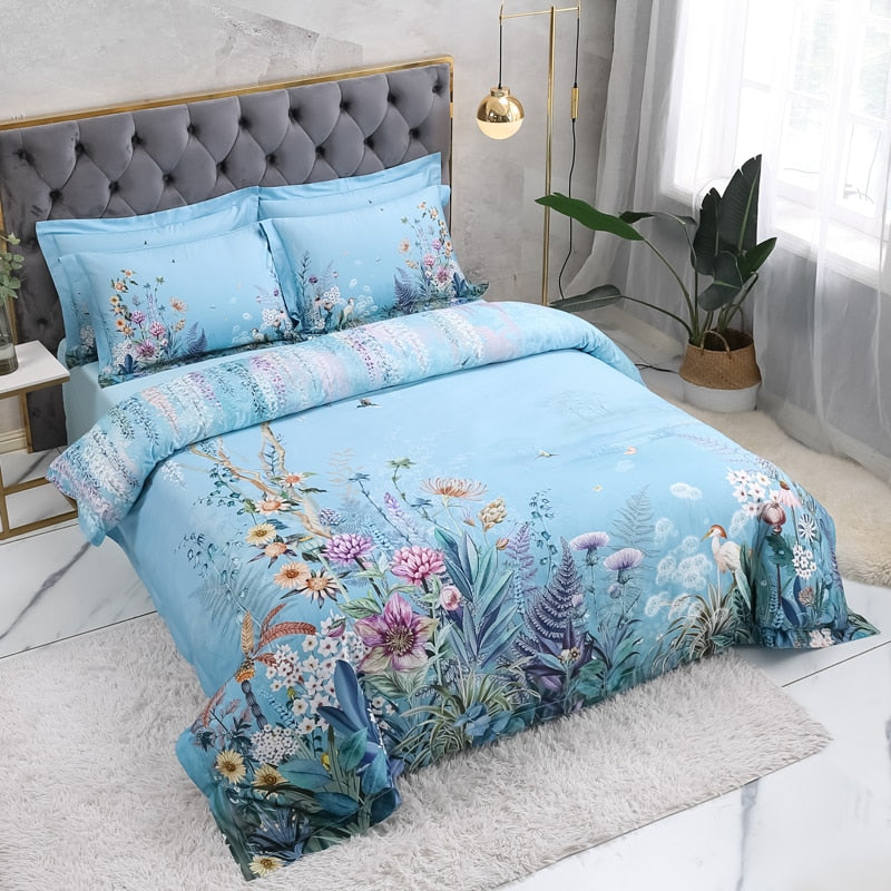 Azure Bloom Bettbezug-Set (Ägyptische Baumwolle, 500 TC) | Karnz