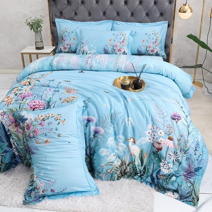 Azure Bloom Bettbezug-Set (Ägyptische Baumwolle, 500 TC) | Karnz