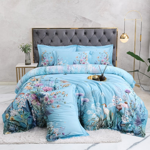 Azure Bloom Bettbezug-Set (Ägyptische Baumwolle, 500 TC) | Karnz