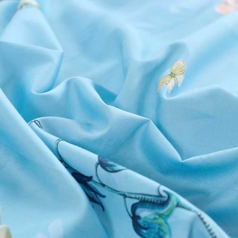 Azure Bloom Bettbezug-Set (Ägyptische Baumwolle, 500 TC) | Karnz