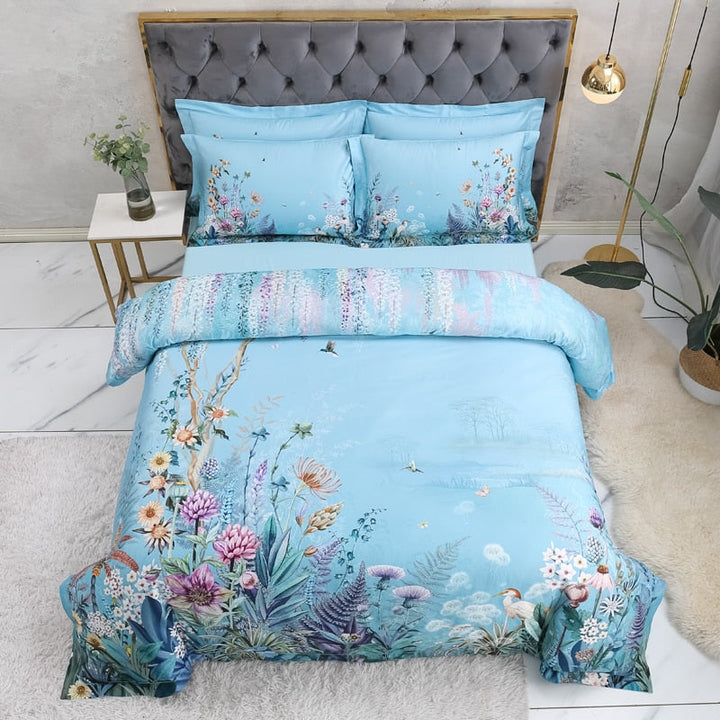 Azure Bloom Bettbezug-Set (Ägyptische Baumwolle, 500 TC) | Karnz