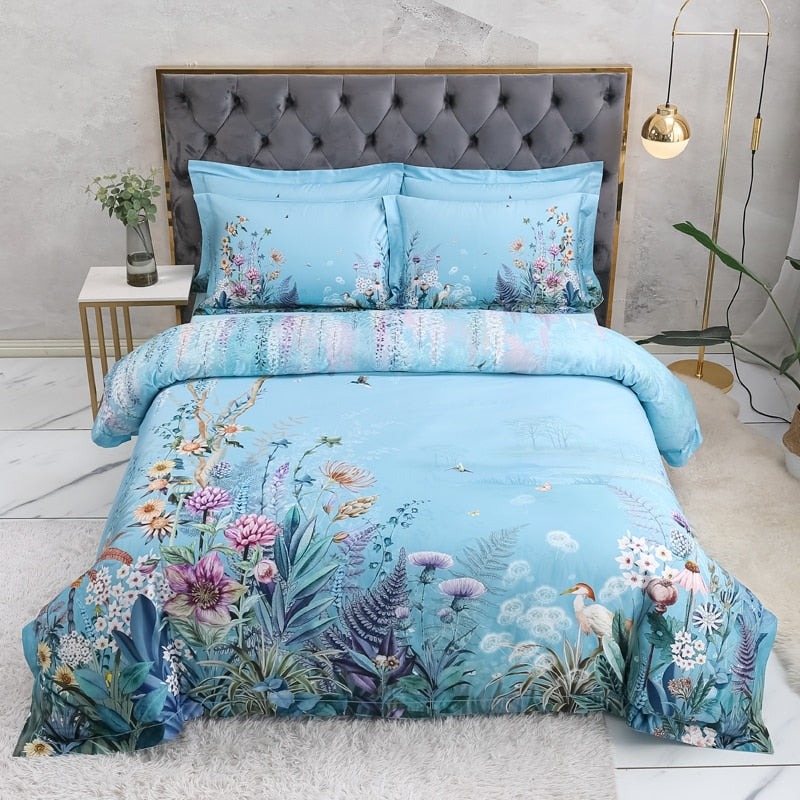 Azure Bloom Bettbezug-Set (Ägyptische Baumwolle, 500 TC) | Karnz