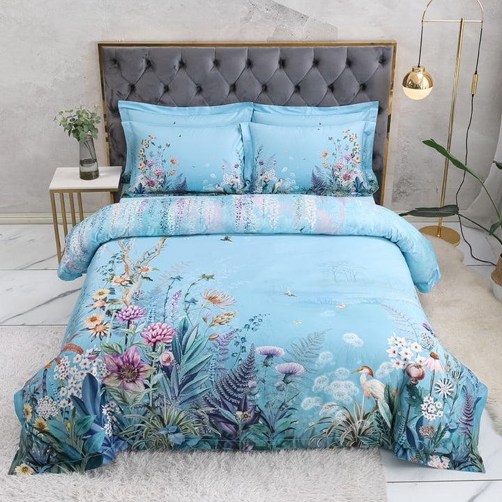 Azure Bloom Bettbezug-Set (Ägyptische Baumwolle, 500 TC) | Karnz