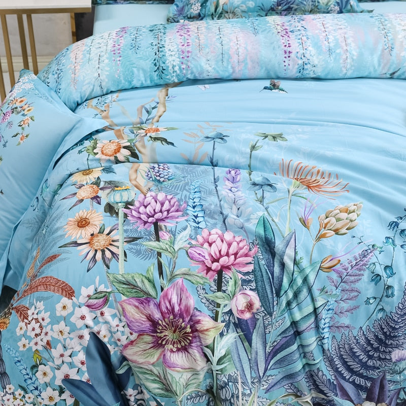 Azure Bloom Bettbezug-Set (Ägyptische Baumwolle, 500 TC) | Karnz