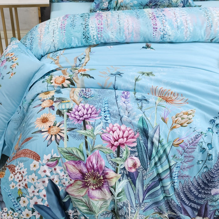 Azure Bloom Bettbezug-Set (Ägyptische Baumwolle, 500 TC) | Karnz