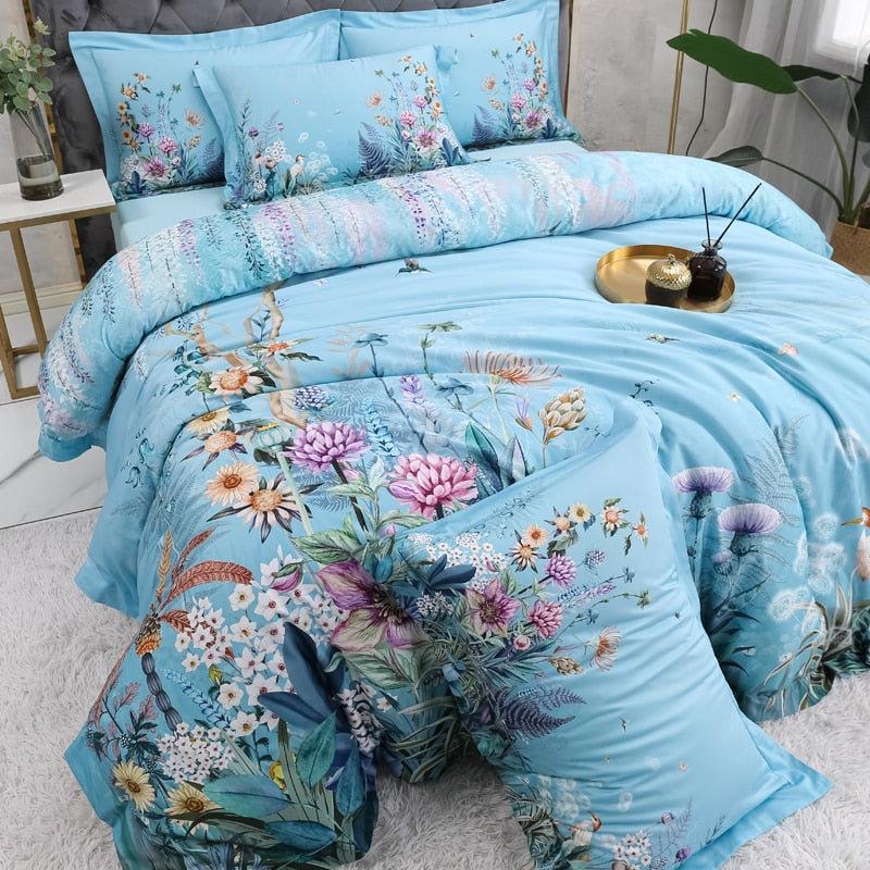Azure Bloom Bettbezug-Set (Ägyptische Baumwolle, 500 TC) | Karnz