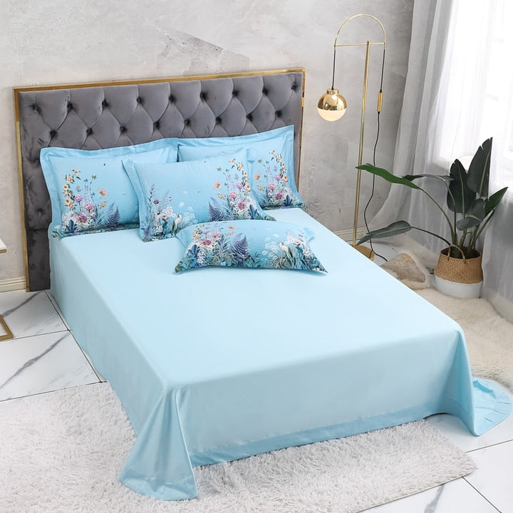 Azure Bloom Bettbezug-Set (Ägyptische Baumwolle, 500 TC) | Karnz