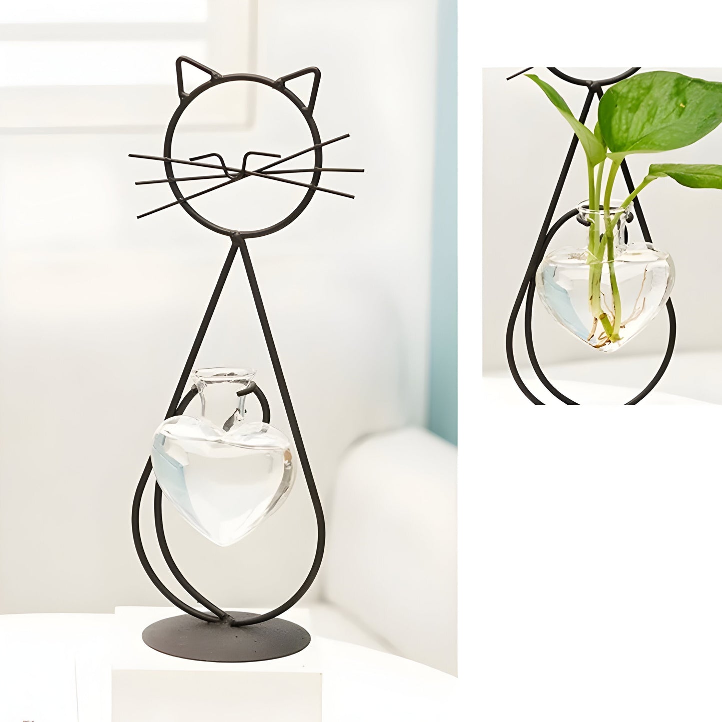 AquaPurr Vase – Hydroponische Glasherzvase mit katzenförmigem Halter