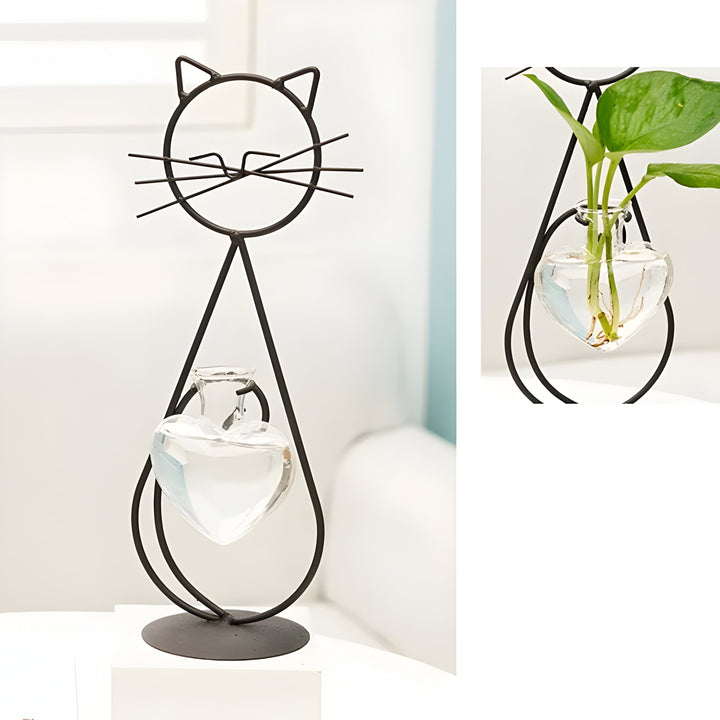 AquaPurr Vase – Hydroponische Glasherzvase mit katzenförmigem Halter