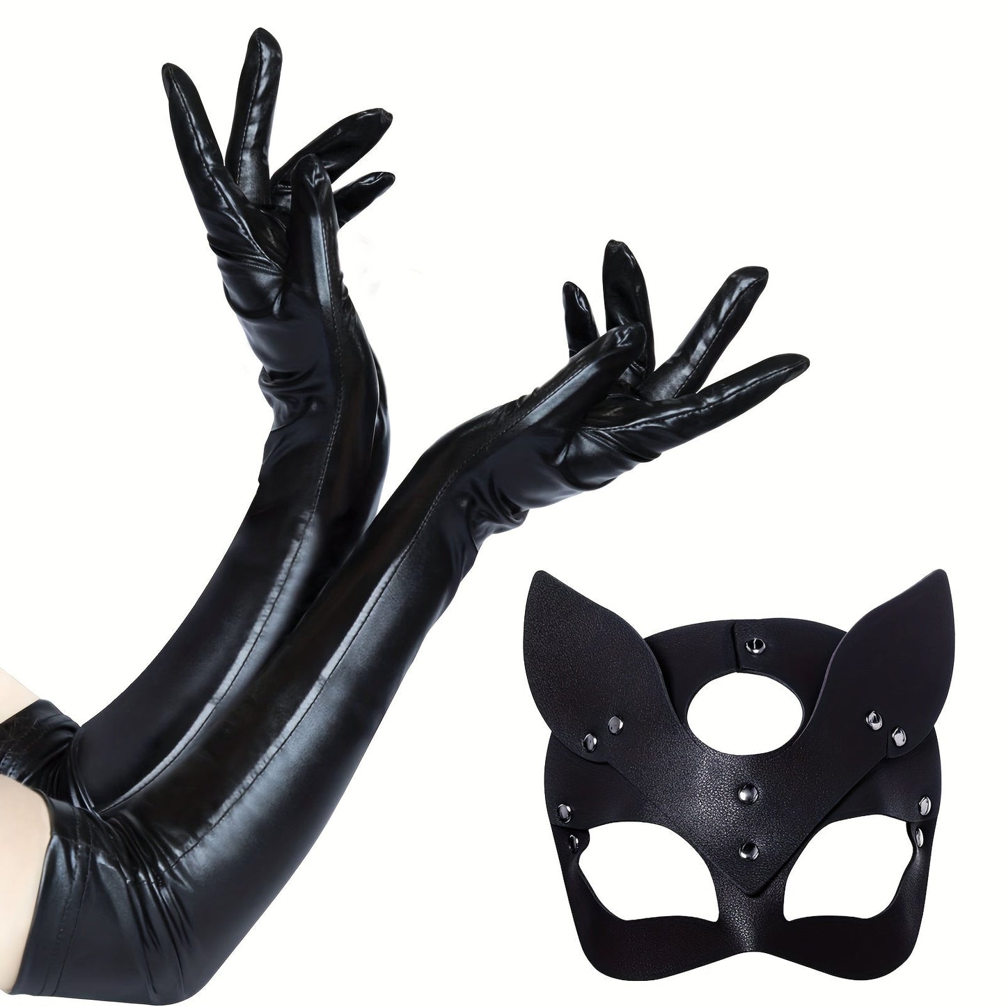 Halloween-Kostümaccessoires für Damen aus Kunstleder | Katzenmasken-Handschuhe