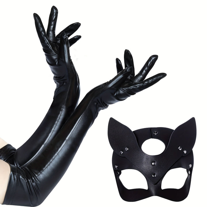 Halloween-Kostümaccessoires für Damen aus Kunstleder | Katzenmasken-Handschuhe