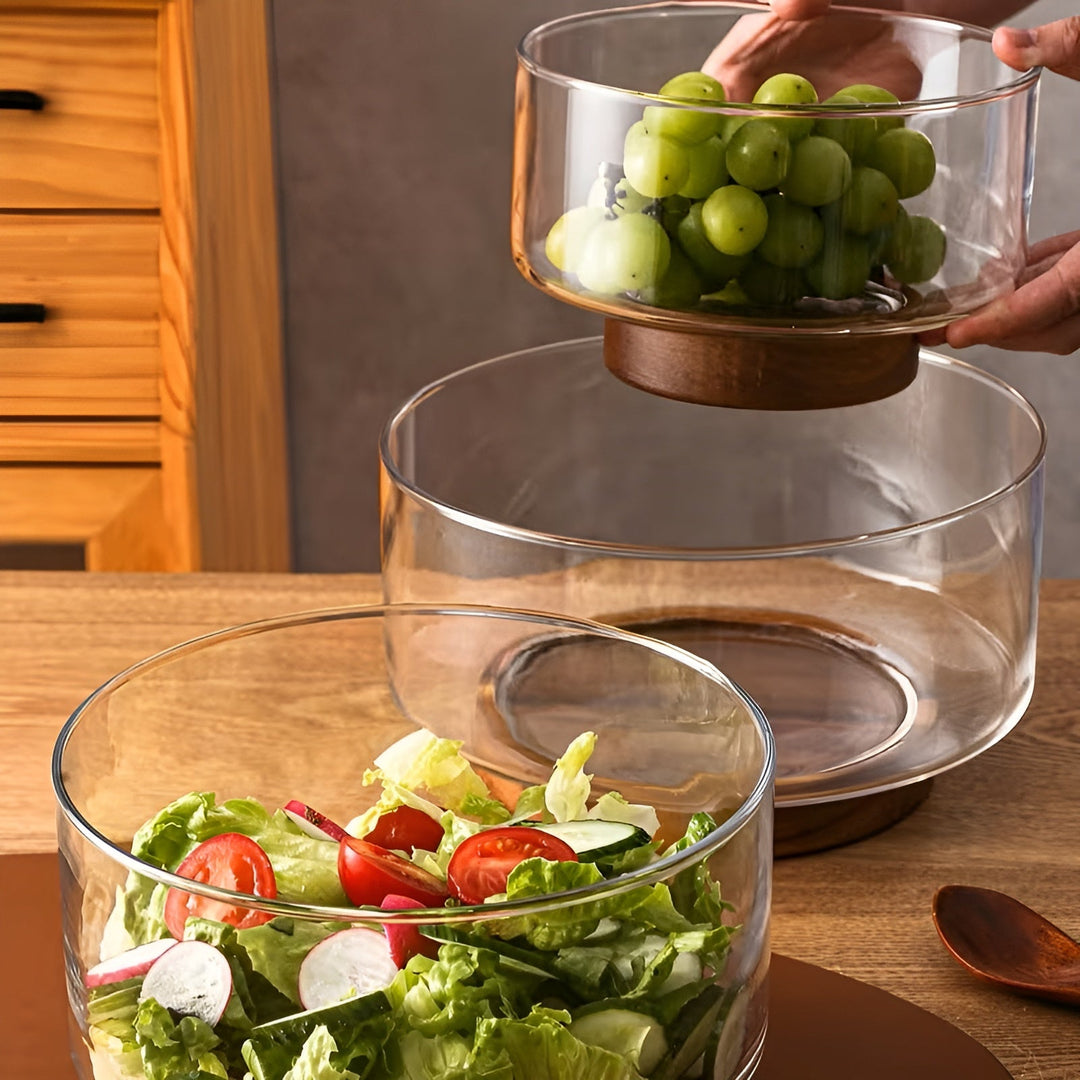 Glas-Schüssel mit Holzsockel – Elegant und dekorativ | Perfekt für Obst, Snacks und Salate in der Küche | Karnz