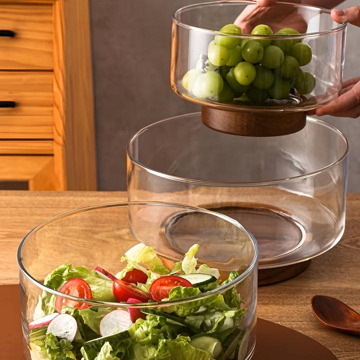 Glas-Schüssel mit Holzsockel – Elegant und dekorativ | Perfekt für Obst, Snacks und Salate in der Küche | Karnz