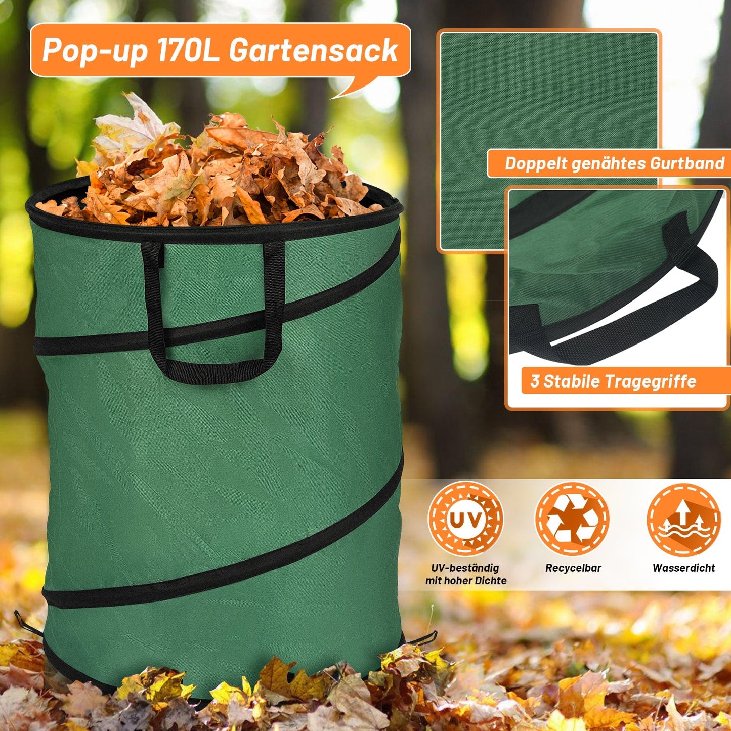 Gartensack Pop Up Gartenabfallsack 170L mit Griffen | Karnz