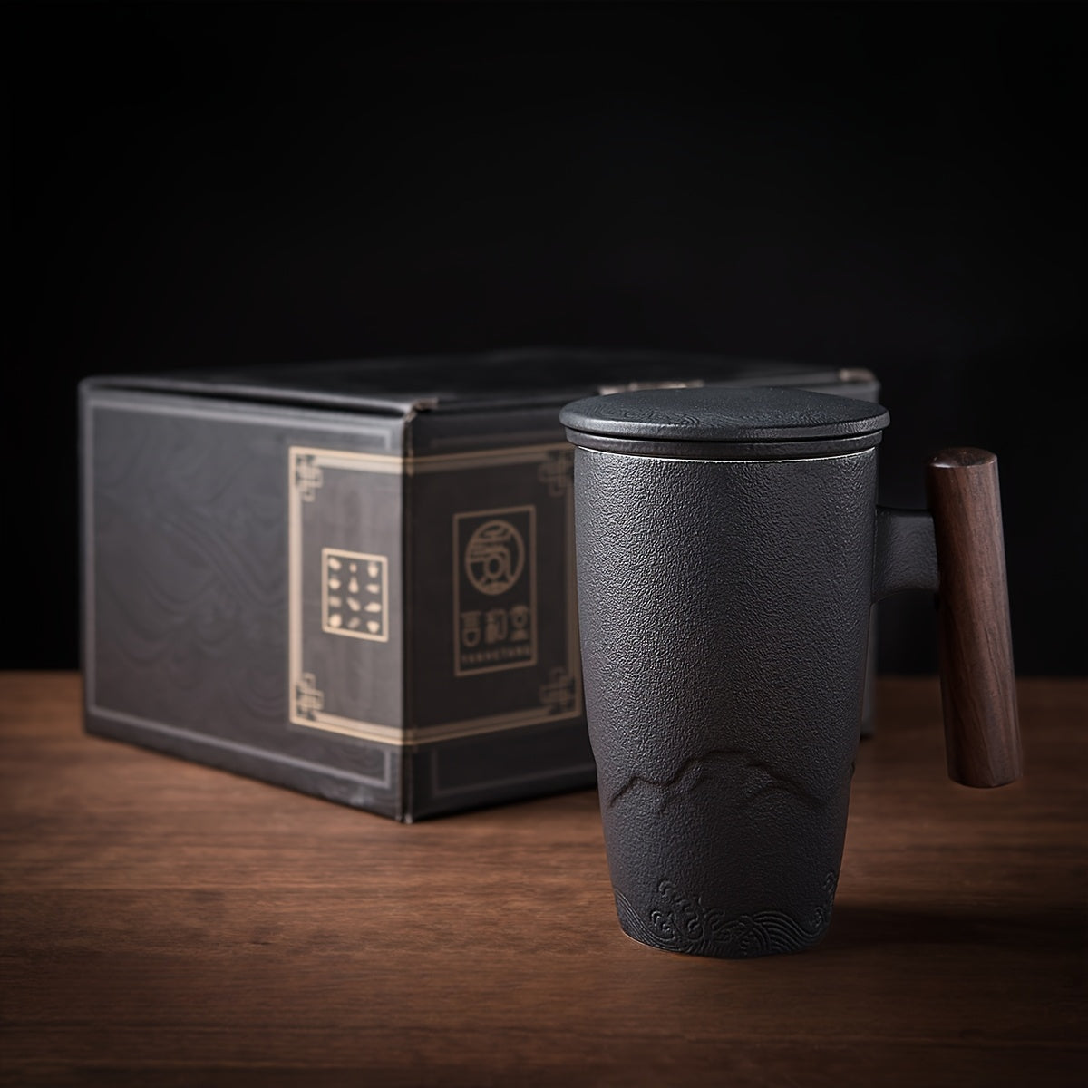 Karnz | TeaCraft Ceramic Mug | Handcrafted | With Tea Filter and Wooden Handle | Retro Design