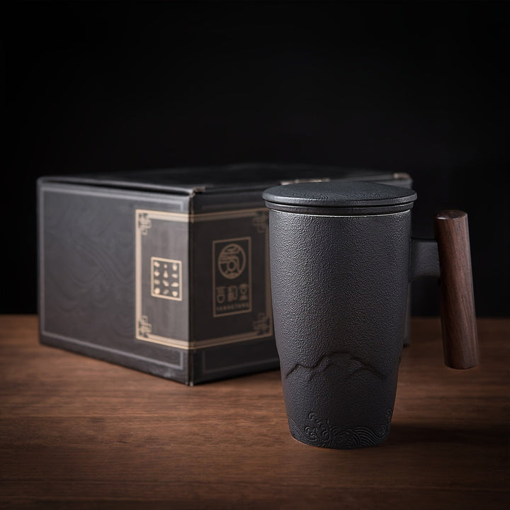 Karnz | TeaCraft Ceramic Mug | Handcrafted | With Tea Filter and Wooden Handle | Retro Design