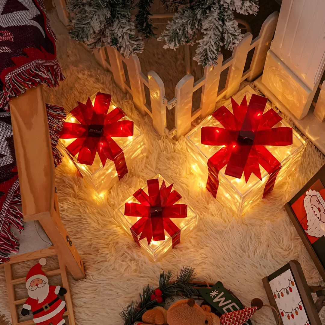 Leuchtende Geschenkboxen im 3er-Set – Transparente Weihnachtsdekoration mit roten Bändern | Für drinnen und draußen