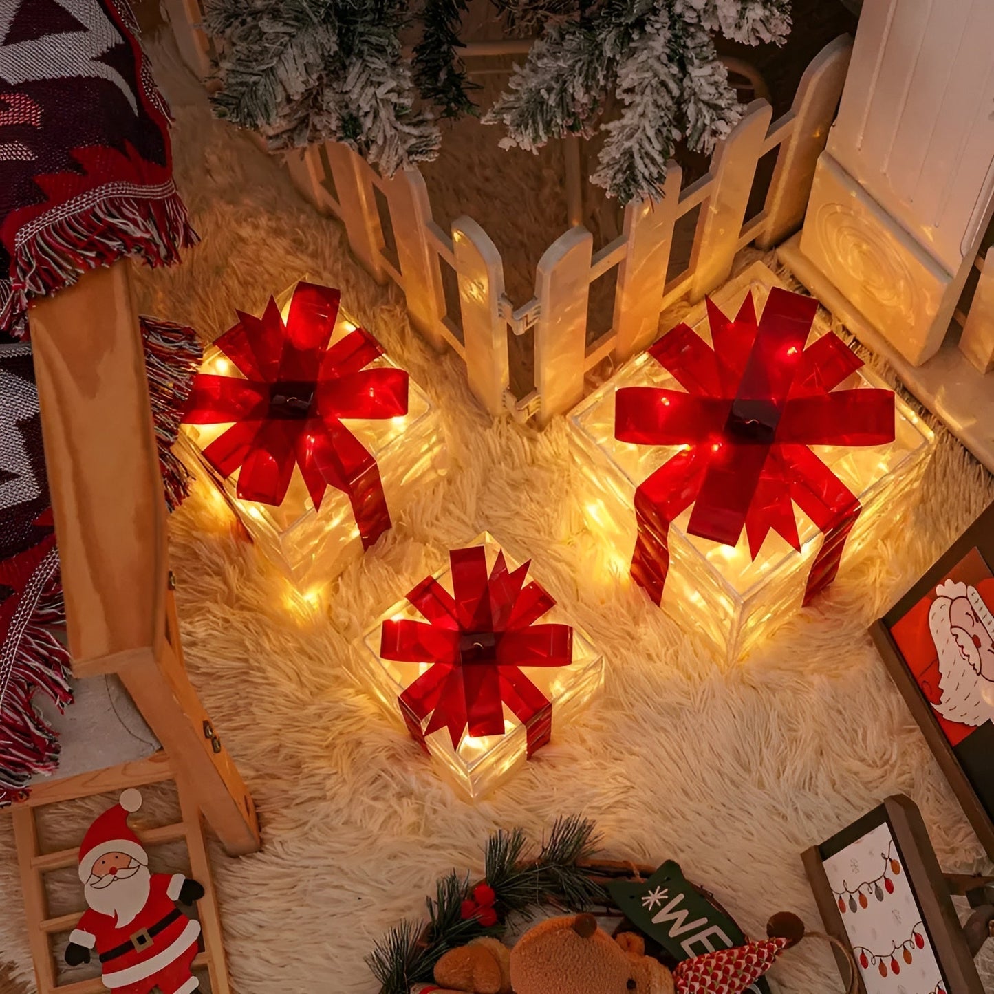 Leuchtende Geschenkboxen im 3er-Set – Transparente Weihnachtsdekoration mit roten Bändern | Für drinnen und draußen