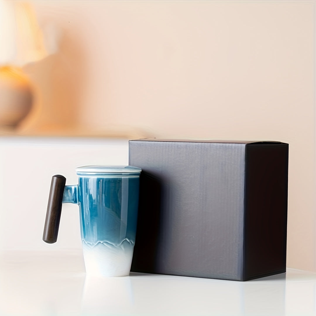 Karnz | TeaCraft Ceramic Mug | Handcrafted | With Tea Filter and Wooden Handle | Retro Design