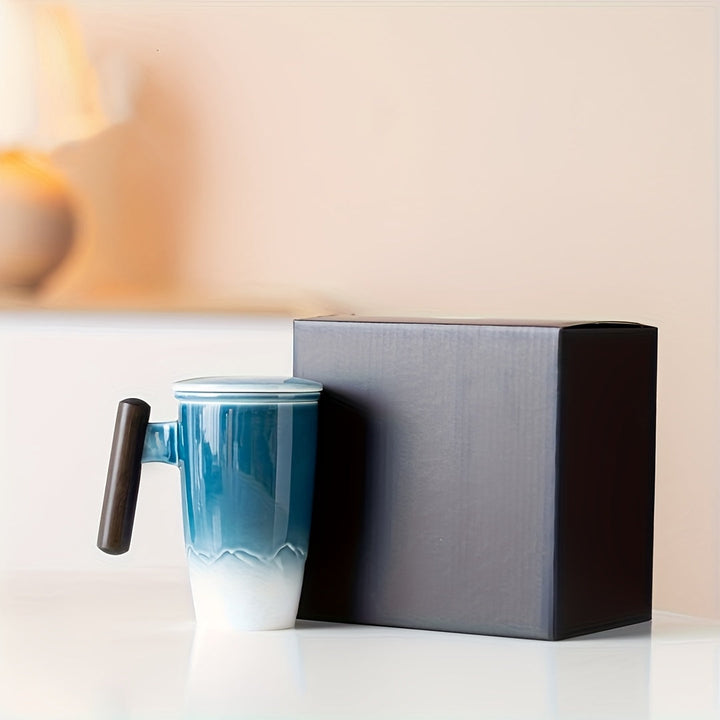 Karnz | TeaCraft Ceramic Mug | Handcrafted | With Tea Filter and Wooden Handle | Retro Design