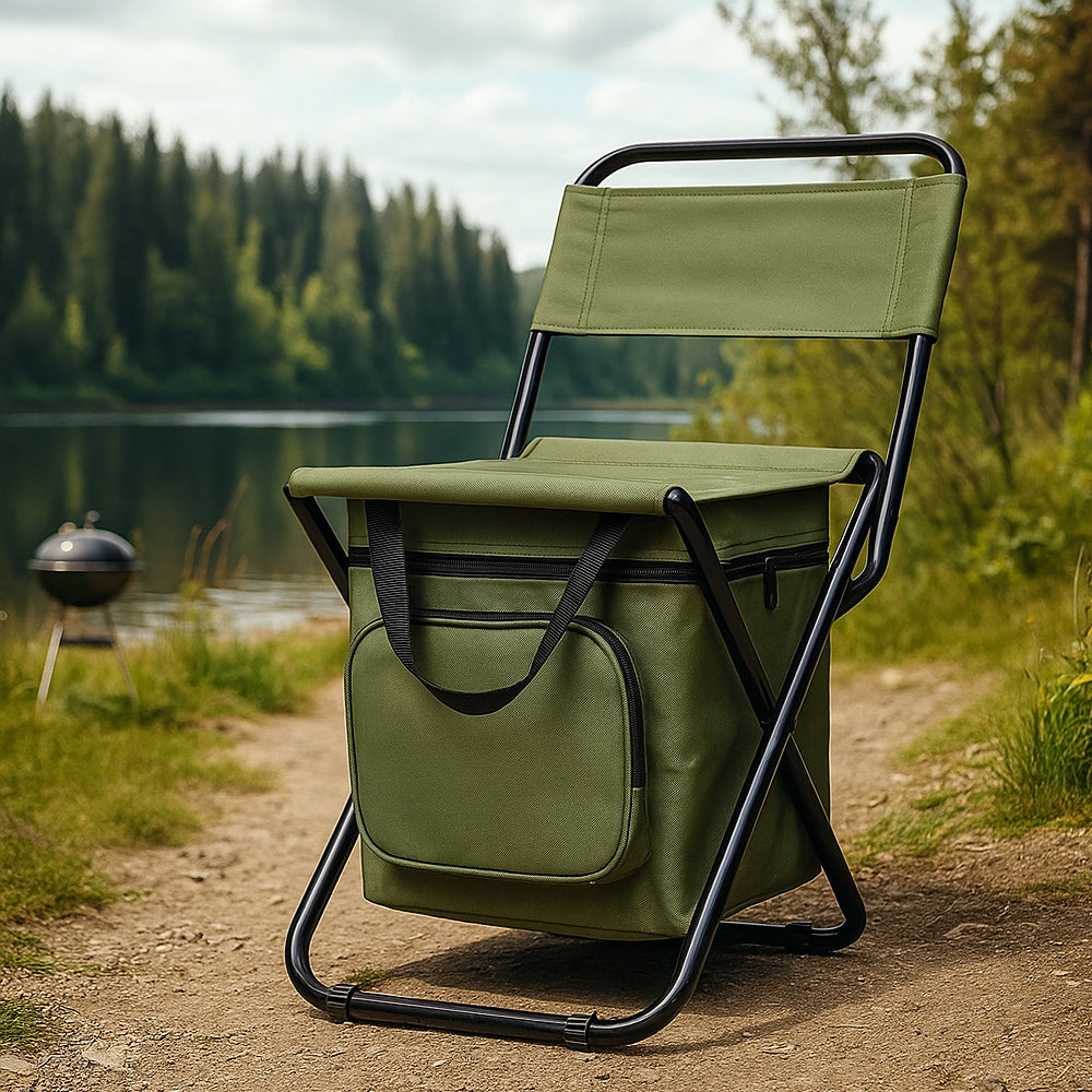 ChillPack Outdoor Stuhl – Faltbarer Campingstuhl mit Rückenlehne und integriertem Kühltasche | Karnz